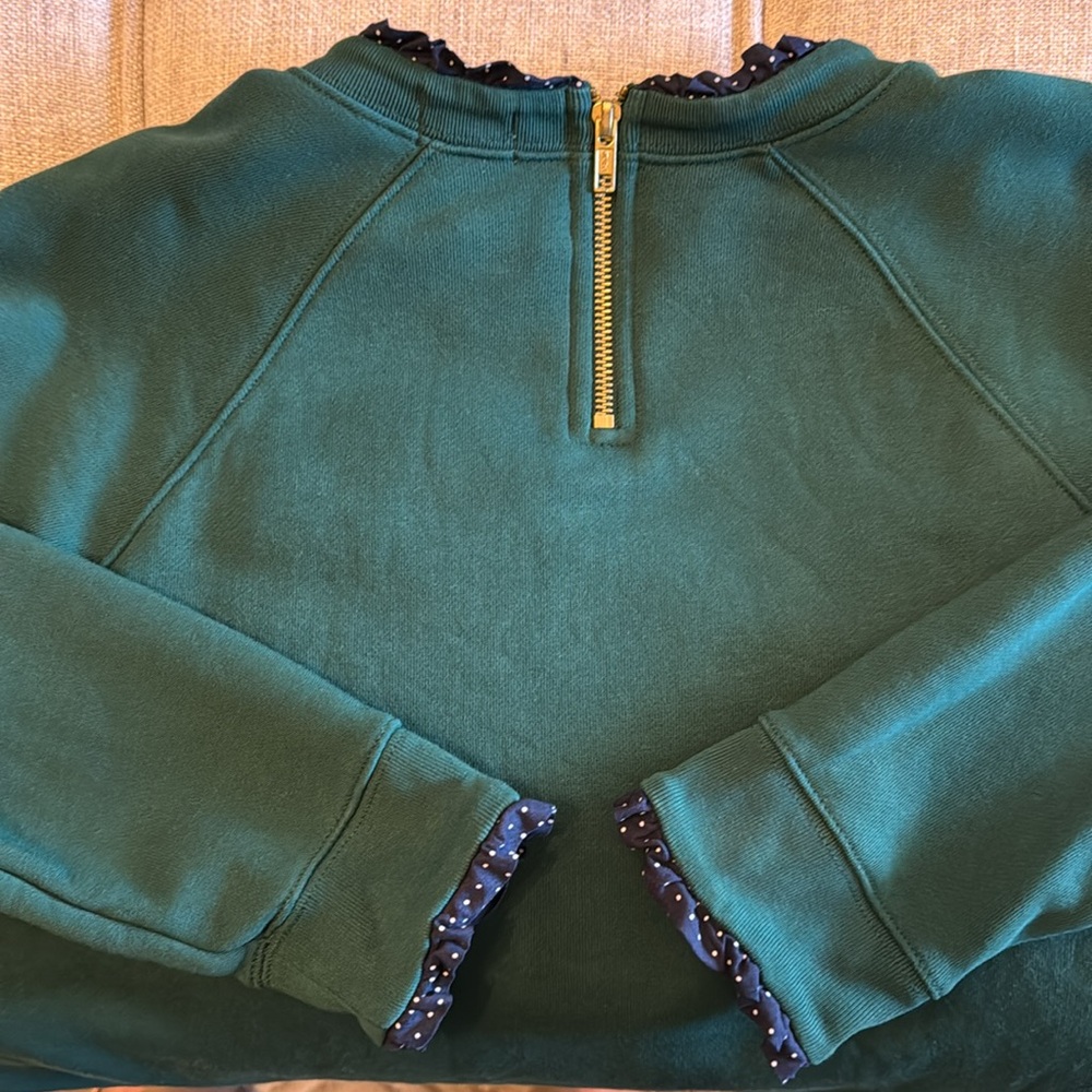 J. Crew Factory Green Sweatshirt with Navy Polka Dot Trim - Picture 3 of 7